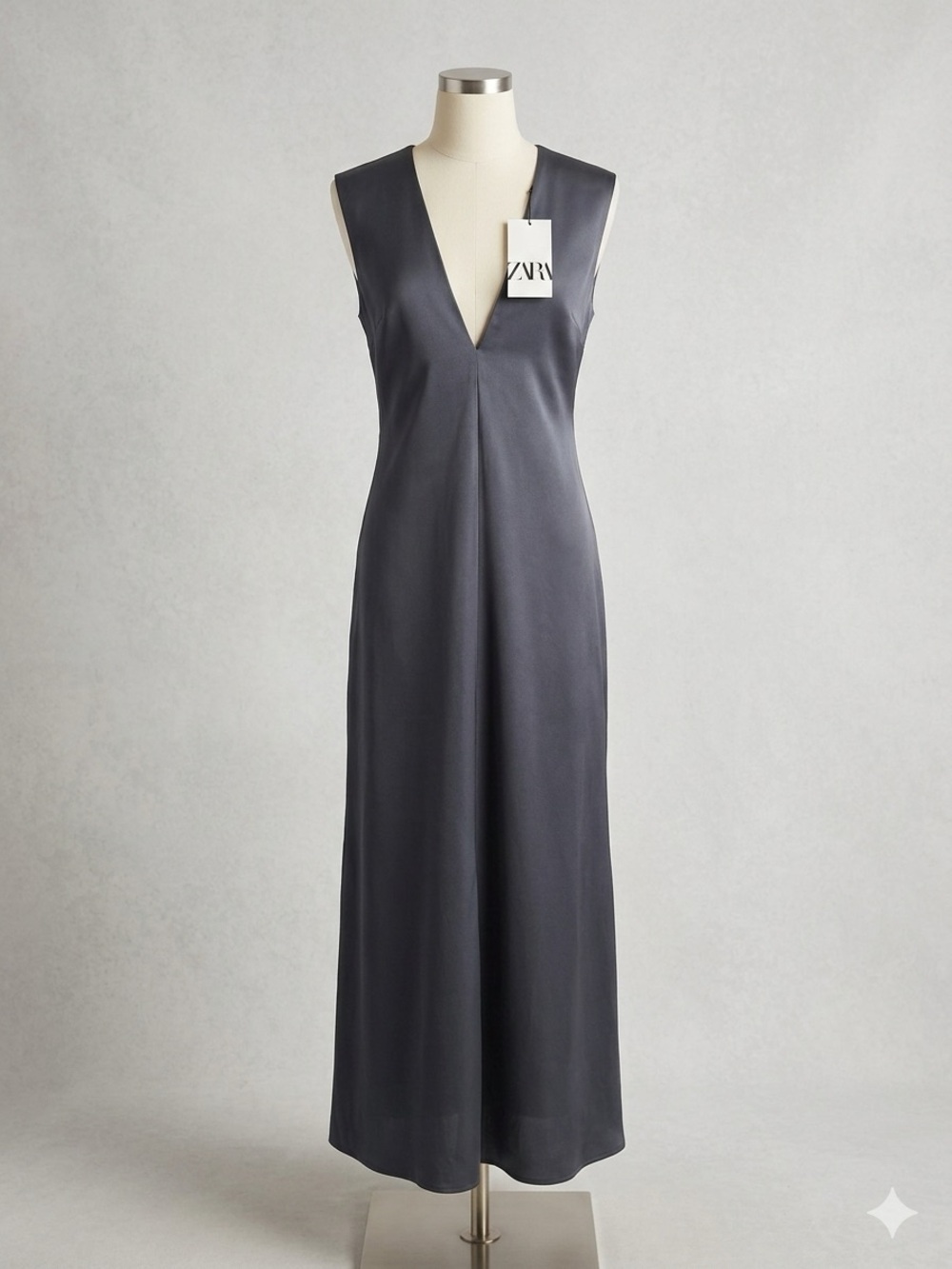 NWT Zara Deep V-Neck Sleeveless Maxi Dress in Charcoal Gray size S